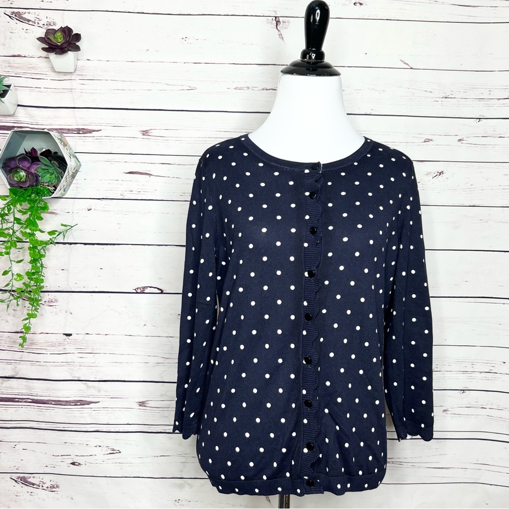 Talbots Navy Blue & White Polka Dot Cardigan Sweater Size Medium Petite
